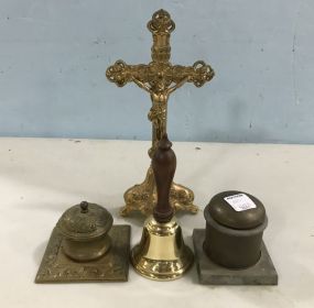 Brass Jesus on Cross, Vintage Ink Wells, and Dinner Bell