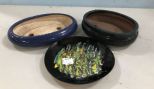 Two Stoneware Planters and Brass Art Plate