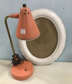 Vintage Painted Desk Lamp and White Plastic Hobnail Style Oval Frame