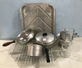Metal Pan, Pots, Plate Rack, Grease Pan, Glass Jar