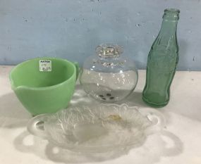 Vintage Coke Bottle, Frosted Glass Dish, Measuring Cup and Glass Vase