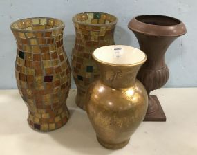 Mosaic Style Candle Holders, Metal Urn, and Gold Painted Pottery Vase