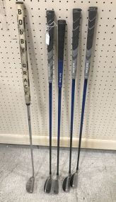 Four Graphite Rescue Golf Clubs and Long Belly Putter