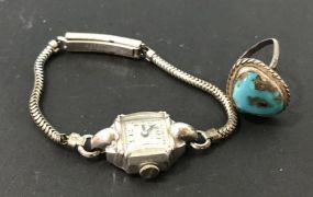 Vintage 1940's Ladies Bulova Watch and Unmarked Turquoise Ring