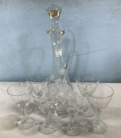 Etched Floral Clear Glass Decanter and Stemware