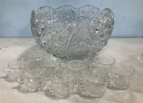 Vintage Pressed Glass Punch Bowl with Cups