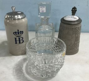 Heavy Glass Decanter, Poland Bowl and Two Collectible Beer Steins