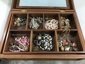 Wood Box With Costume Jewelry Pieces