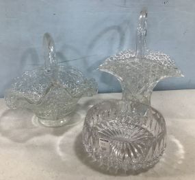 Two Clear Glass Flower Baskets and Heavy Glass Bowl