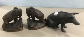 Brass Elephant Book Ends and Cast Iron Pig Money Bank