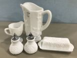 Milk Glass Pitcher, Salt & Pepper, Butter Dish, and Cup