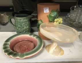 Pottery Vase, Green Pitcher, Cigar Ashtray, Glass Compote.