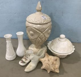 Milk Glass Vases, Dish, Shoe, and Opalescent Covered Urn
