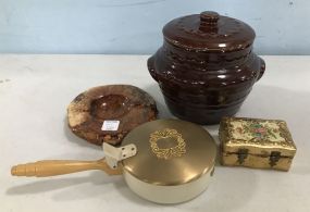 Stoneware Covered Pot, Italian Stoneware Ashtray, Covered Pan, Gold Gilt Box