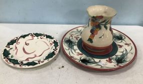 Gail Pittman Pitcher, Round Charger, and Signed Ceramic Christmas Plate