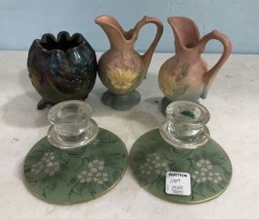 Roseville Style Small Urns, Carnival Style Vase, Painted Clear Glass Candle Holders