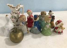 Ceramic Bell, Figurines, and Apple