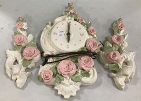 Three Hand Made Ceramic Wall Clock and Side Pieces
