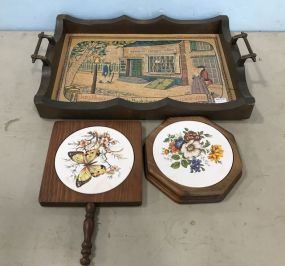 Wood Serving Tray, and Two Hot Plate Trivets
