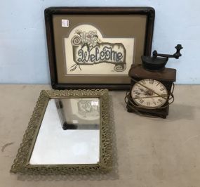 Needle Point Welcome Sampler, Vintage Wall Mirror, and Decorative Clock