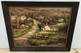 Large Oil Painting of Country Town Scene