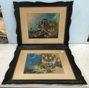 Pair of Oriental Painted Silk of Tigers