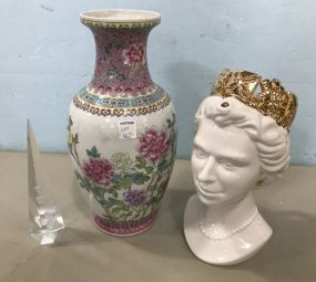 Chinese Porcelain Vase, Glass Plaque, and Her Majesty the Queen Pitcher
