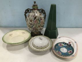 Decorative Modern Urn, Green Lamp Base, Porcelain Cheese Dish, Platter, Bowl, Saucer