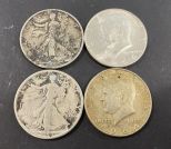 Two 1964 Kennedy Half Dollars and Two 1944 Walking Liberty Half Dollars