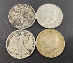 Two 1964 Kennedy Half Dollars and Two 1944 Walking Liberty Half Dollars