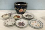 Modern Blue Pottery Planter and Collection of Porcelain Plates