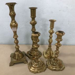 Five Colonial Style Brass Candle Sticks