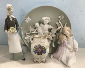 Porcelain Figurines, Vase, and Embossed Plate