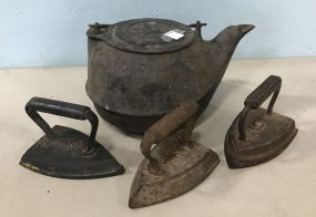 Primitive Iron Pitcher and Three Press Irons