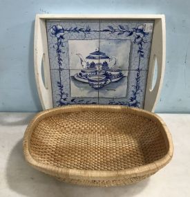 Blue and White Tile Handled Tray and Modern Woven Basket