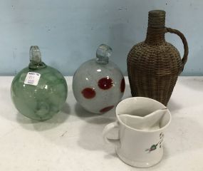 Two Art Glass Decor, Woven Jug, and Mustache Cup