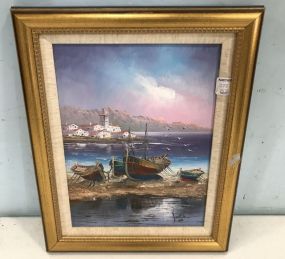 Painted of Seashore and Boats Signed