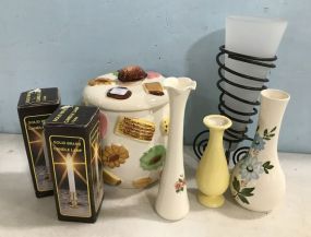 Pottery Ceramic Cooke Jar, Bud Vases, Modern Metal Vase, and Two Brass Candle Lamps