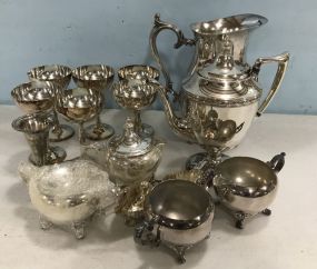 Silver Plate Water and Coffee Pitchers, Goblets, Sugar, Creamers, and Bud Vase