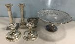 Silver Plate Compote, Two Pair of Candle Sticks, and Small Footed Bowl