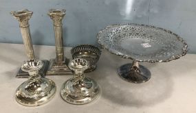 Silver Plate Compote, Two Pair of Candle Sticks, and Small Footed Bowl