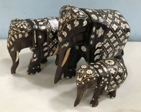 Three Mother of Pearl Style Wood Carved Elephants