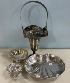 Silver Plate Handled Basket, Metal Serving Dish, Compote, and Shell Dish.