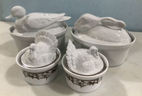 Porcelain Duck, Rabbit Covered Dishes, and Pair of Turkey Covered Dishes
