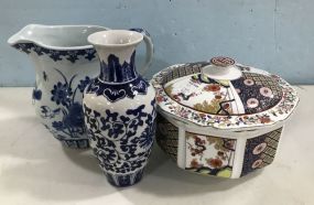 Gathay Covered Vegetable Dish, Blue and White Vase and Pitcher