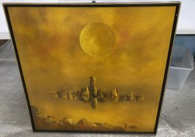 Large Orange City View Painting Signed