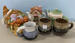Pottery Pitchers, Lighted Basket, Stoneware Mugs