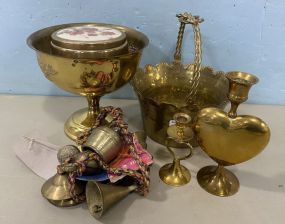 Brass Compote, Basket, Candle Holders and Bells
