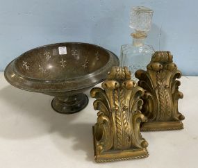 Decorative Metal Compote, Vintage Pressed Glass Decanter, Pair of Gold Gilt Wall Shelves
