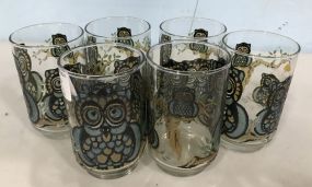 Six Owl Painted Glass Tumblers